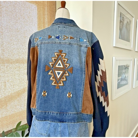 Scully Denim Jacket 2XL Aztec Embroidered Knit Sleeve Western Boho Stretch - Picture 3 of 12